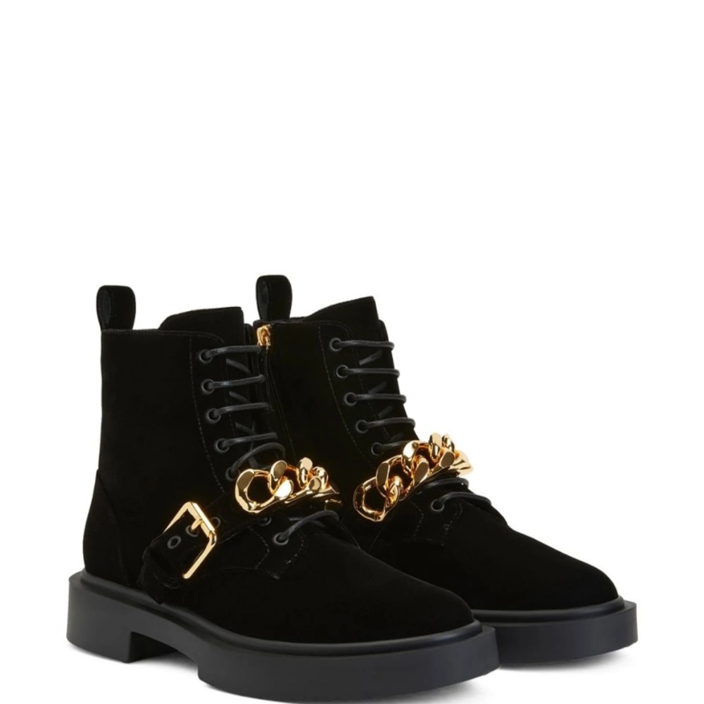 Black and Gold Combat Boots with Chunky Design and Gold Chain